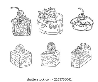 Sweets cupcake cake cake graphic illustration hand drawn print coloring book for kids set of separate elements on white background