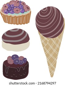 Sweets cupcake cake cake graphic illustration hand drawn print coloring book for kids set of separate elements on white background