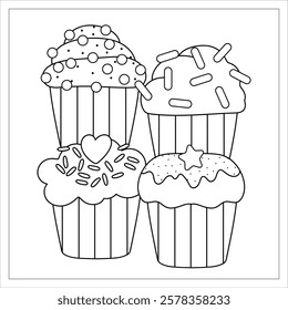 Sweets cupcakes coloring page. Sweets coloring book for children.