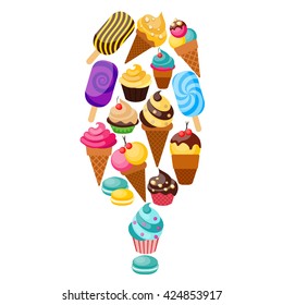 Sweets cupcakes composition consisting of the icons set with sweets and ice cream collected as a big ice lollies vector illustration