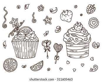 Sweets. Cupcakes - hand drawn doodle set. Holiday party attributes.