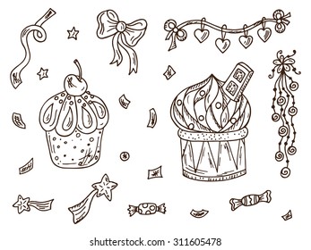 Sweets. Cupcakes - hand drawn doodle set. Holiday party attributes.