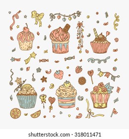 Sweets. Cupcakes - hand drawn doodle set. Holiday. Birthday Party decorations.