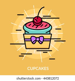 Sweets cupcakes poster cake is lights up with a cherry on top vector illustration