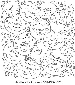 Sweets. Cute cartoons in kawaii style. Coloring book anti-stress