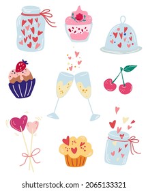 Sweets for Valentine’s day collection. Jars with hearts, lollipops, pancakes, muffins and cupcakes, cherries and strawberries. For restaurants cafes recipes and menus. Vector illustration.