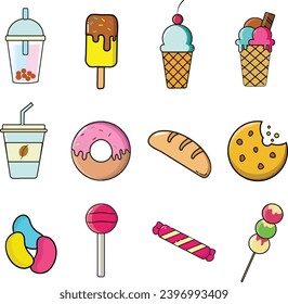 Dulces Bebida del desierto Café Cookies Ice Cream Candy icono Vector línea de arte paquete