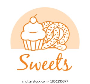 sweets design with cupcake and pretzel over white background, line style, vector illustration