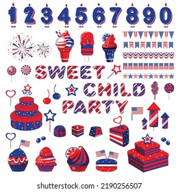 Sweets design elements wallpaper with different candies, cupcakes and cakes. USA colour stars and stripes design symbols for partie decoration