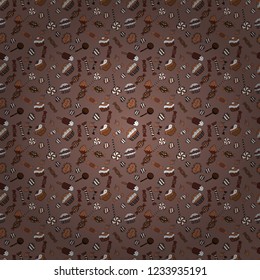 Sweets design. Hand drawn outlined colorful seamless pattern with cupcakes, cute background on black, brown and neutral. Vector illustration.