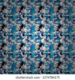 Sweets design. Hand drawn outlined colorful seamless pattern with cupcakes, cute background on black, white and blue. Vector illustration.