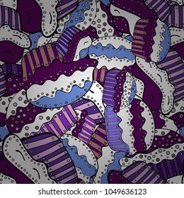 Sweets design. Vector illustration. Hand drawn outlined colorful seamless pattern with cupcakes, cute background on white, purple and black.