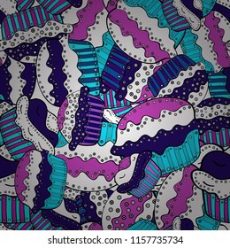 Sweets design. Vector illustration. Hand drawn outlined colorful seamless pattern with cupcakes, cute background on white, blue and black.