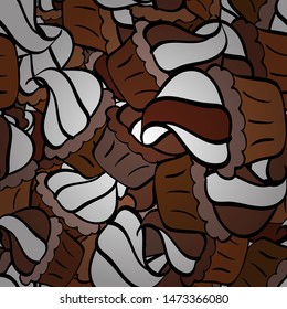 Sweets design. Vector illustration. Hand drawn outlined colorful seamless pattern with cupcakes, cute background on brown, white and black.