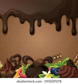 Sweets dessert background with black chocolate syrup cream and decoration vector illustration