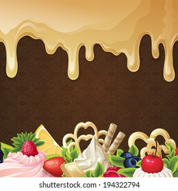 Sweets dessert background with caramel syrup berry cream and ornament vector illustration.
