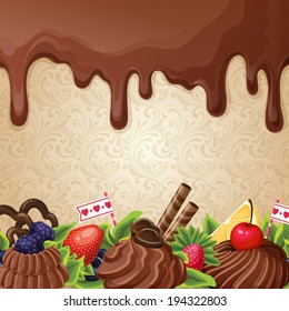 Sweets dessert background with milk chocolate syrup cream and ornament vector illustration