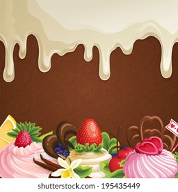 Sweets dessert background with white chocolate syrup fruits berries and decoration vector illustration