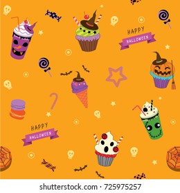 Sweets and dessert design for Happy Halloween seamless pattern decorated with candy, cupcakes, ice cream, donut, milkshakes and macaroon on orange background.