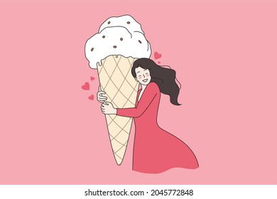 Sweets dessert and food treatment concept. Young smiling brunette woman standing holding huge sweet ice cream cone in hands vector illustration 