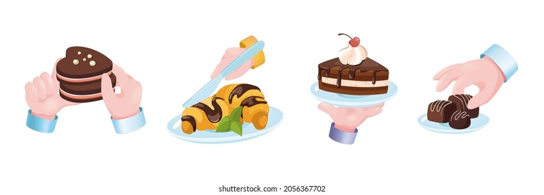 Sweets dessert graphic concept hands set. Human hands holding chocolate cookies, croissants, cream cake with cherry, candy. Confectionery, pastry menu. Vector illustration with 3d realistic objects