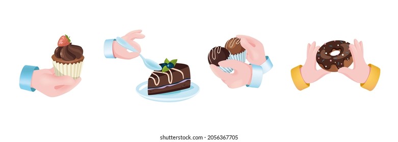 Sweets dessert graphic concept hands set. Human hands holding strawberry muffin, chocolate cake with berry, candy, donut. Confectionery, pastry menu. Vector illustration with 3d realistic objects