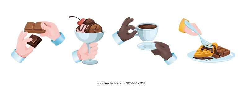 Sweets dessert graphic concept hands set. Human hands holding chocolate, ice cream with topping in bowl, waffles and cup of coffee. Confectionery menu. Vector illustration with 3d realistic objects