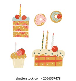 Sweets and dessert hand drawn vector illustration in bright boho colors. Isolated vector design for web and print. 