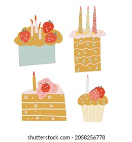Sweets and dessert hand drawn vector illustration in bright boho colors. Isolated vector design for web and print. 