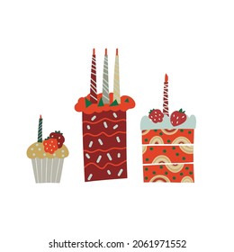 Sweets and dessert hand drawn vector illustration in bright Christmas colors. Isolated vector design for web and print. 