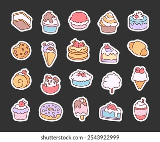 Sweets and dessert outline illustrations of delicious cakes, cupcakes, cookies, ice cream, donuts, macarons, croissants, pies, pancakes, milkshakes, and pastries for creative projects