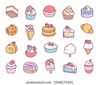 Sweets and dessert outline illustrations of delicious cakes, cupcakes, cookies, ice cream, donuts, macarons, croissants, pies, pancakes, milkshakes, and pastries for creative projects