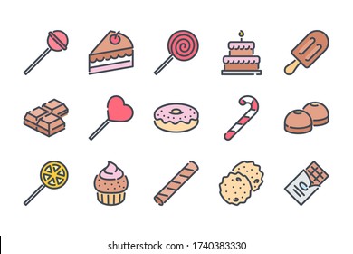 Sweets and Dessert related color line icon set. Candy, Caramel and Chocolate colorful linear icons. Confectionery and Pastry flat color outline vector sign collection.