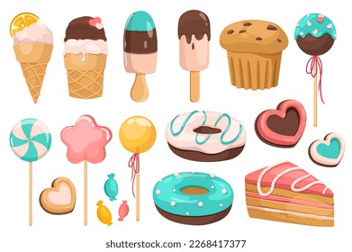 Sweets and dessert set graphic elements in flat design. Bundle of ice creams, cupcake, lollipops, cookie, donuts, piece of cake, candis and other confectionery. Vector illustration isolated objects