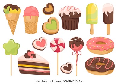 Sweets and dessert set graphic elements in flat design. Bundle of different types of ice creams, cupcake, lollipops, cookie, donuts, cake and other confectionery. Vector illustration isolated objects