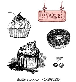 Sweets. Dessert. Set of hand drawn illustrations