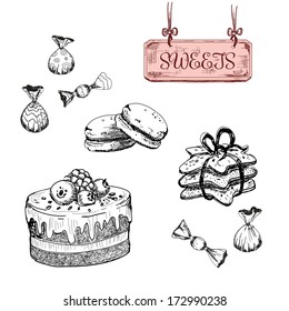 Sweets. Dessert. Set of hand drawn illustrations