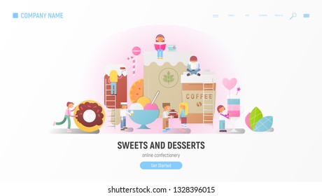 Sweets and Desserts Advertising Web Page for Online Sweet Shop and Confectionery. Small Size Cartoon People and Treats. Vector Illustration.