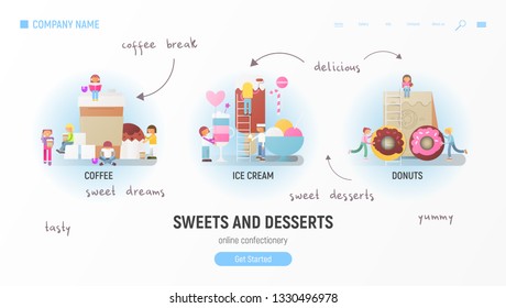 Sweets and Desserts Advertising Web Page for Online Sweet Shop and Confectionery. Small Size Cartoon People and Treats.  Vector Illustration.