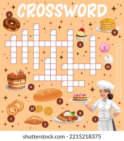 Sweets, desserts and bakery crossword worksheet, find a word quiz game. Cartoon vector puzzle with confectioner, cake, donut and pretzel, croissant, muffin, waffles with pancake and marshmallow pastry