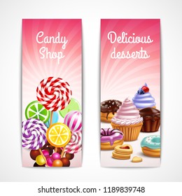 Sweets and desserts banners collection with two vertical banners editable text and images of confectionery products vector illustration