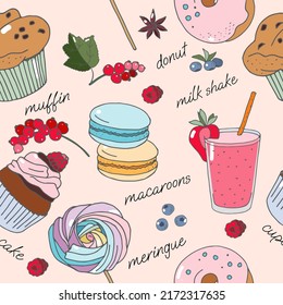 Sweets, desserts and berries seamless pattern
