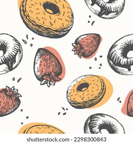 Sweets and desserts at cafe or restaurant. Donuts and strawberries, natural and organic products. tasty meal or lunch. Seamless pattern, sketch wallpaper print or background. Vector in flat style