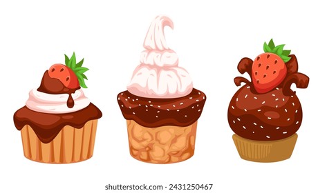 Sweets and desserts in cafe, restaurants or bakery shops. Isolated cookies or biscuits with mousse, chocolate and strawberries. Tasty meal in store, cupcakes or muffins. Vector in flat styles