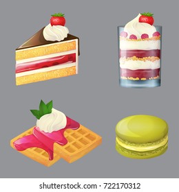 Sweets and desserts, cartoon vector illustration, yummy delicious cake with cream and chocolate, trifle, waffles with marmelade and macaron.