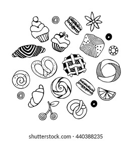 Sweets, desserts, cherry, croissant, macaroon. Set of isolated elements for decoration. Design elements for cafe / bakery. Black and white hand drawing for menu. Vector doodle illustration. 