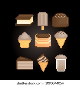 Sweets and desserts with chocolate flavor icon set. Isolated vector pixel art 80s style illustration. 8-bit sprite. Design sticker, logo, app.