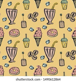 Sweets, desserts, coffee, tea seamless pattern on a yellow background. Hand drawn doodle vector illustration retro style.