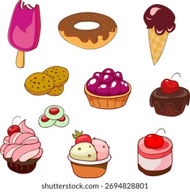 Süßigkeiten Desserts Sammlung in handgezeichnetem Stil