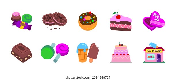 Sweets and desserts colorful icon set. Colored collection of delicious treats. Cake, candies, ice cream, cookie, lollypop and chocolate. Bakery, confectionery and pastry-related vector icons.